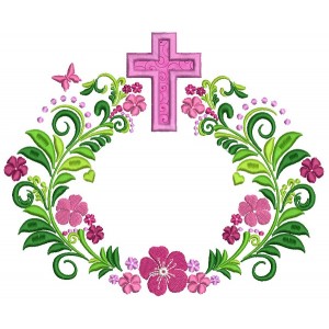 Ornate Cross With Flowers Religious Applique Machine Embroidery Design Digitized Pattern